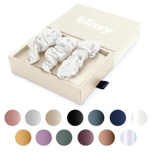 image:imageBlissy Silk Scrunchies 3 Pack  100 Pure Mulberry Silk  22 Momme 6A HighGrade Fibers Scrunchie for Straight amp Curly Hair  Preventing Breakage Tangling amp Creasing Black RegularWhite