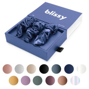 image:imageBlissy Silk Scrunchies 3 Pack  100 Pure Mulberry Silk  22 Momme 6A HighGrade Fibers Scrunchie for Straight amp Curly Hair  Preventing Breakage Tangling amp Creasing Pink RegularBlue